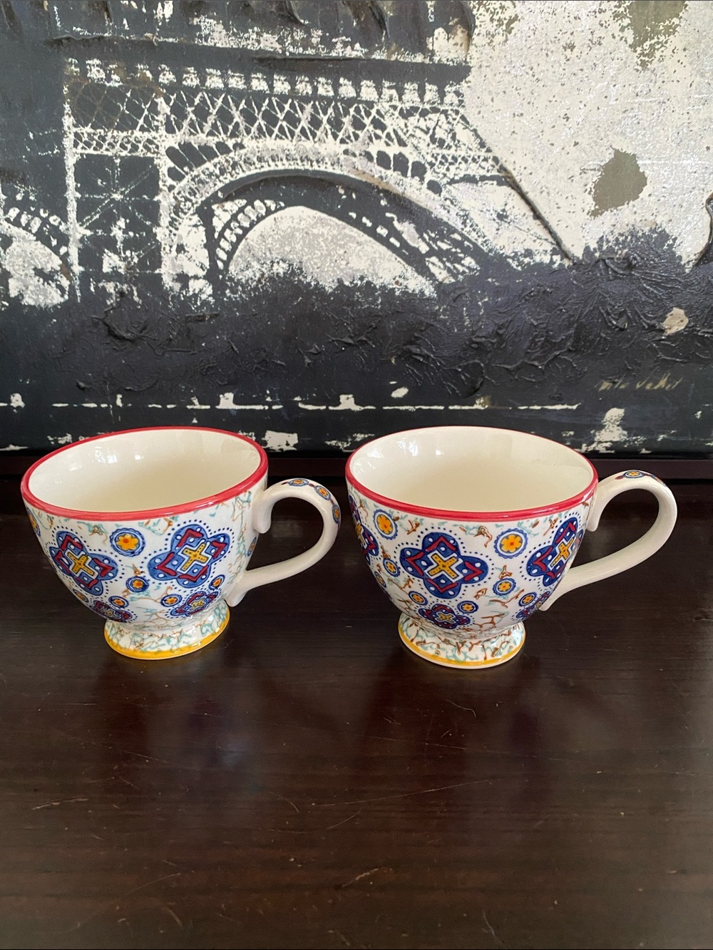 2 Anthropologie Hand Painted Floral Pattern Large  Ceramic Tea/Coffee Cup